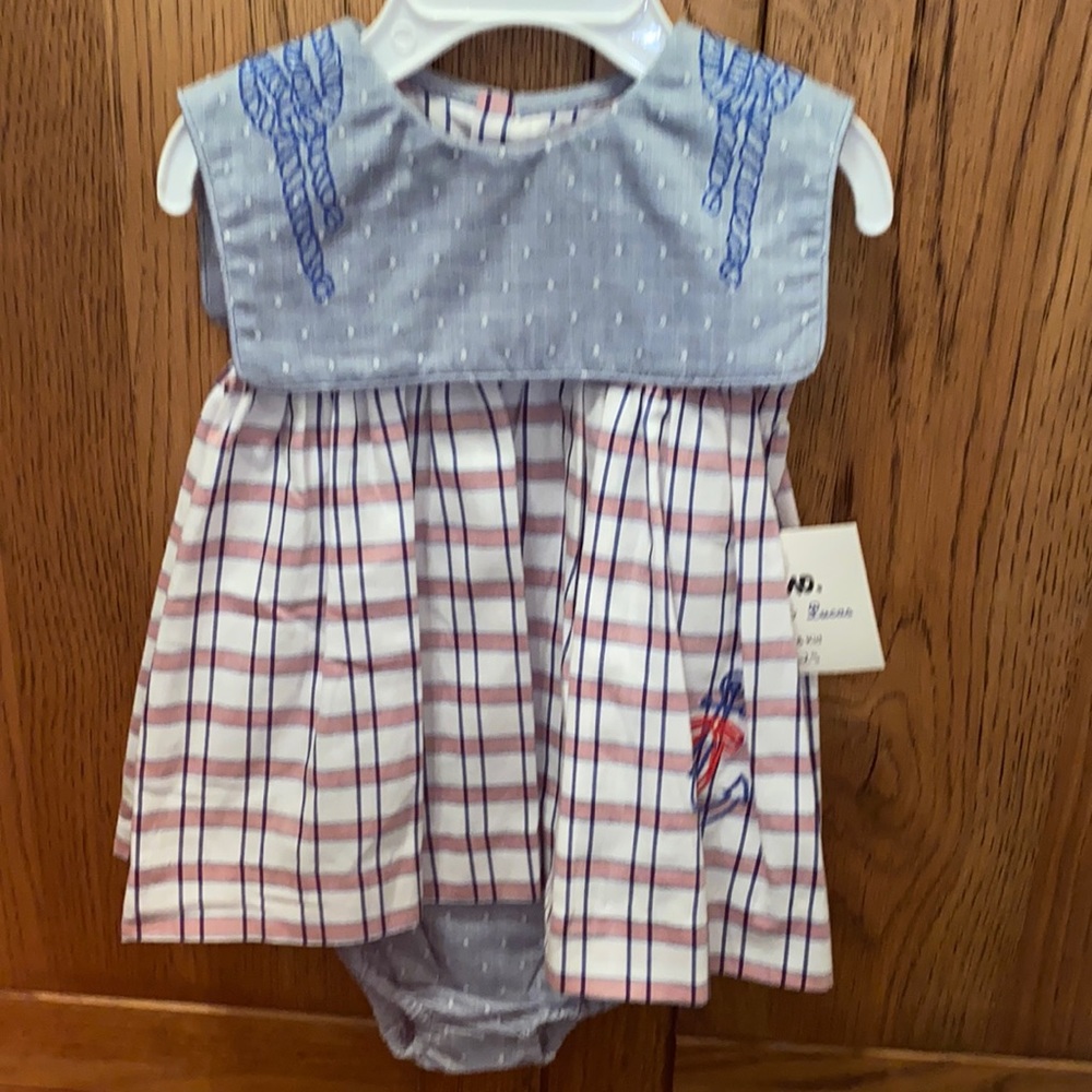 SOPHIE&LUCAS BABY GIRL’S RED WHT & BLUE PLAID EMBROIDERED NAUTICAL ANCHOR DRESS